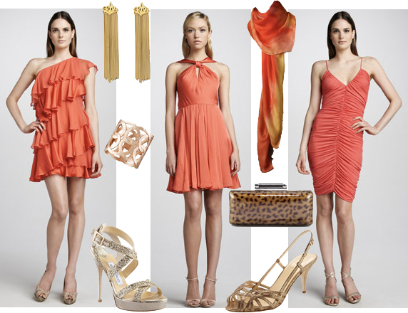 Coral short holiday dress with matching accessories ideas