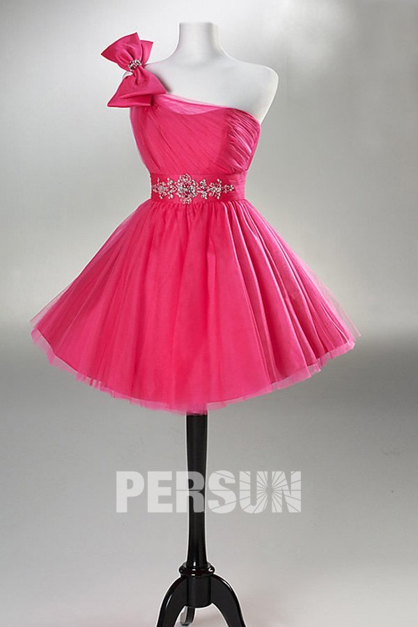 A Line One Shoulder Beaded Applique Short Taffeta fuchsia Prom / Cocktail Dress