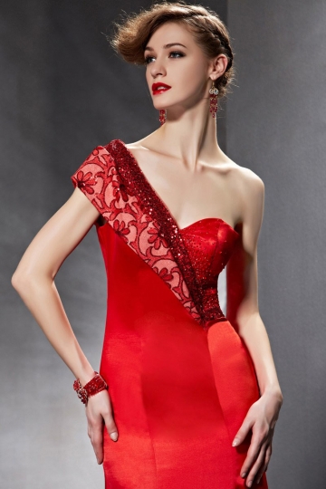 buy discount one shoulder red evening dresses Persun online
